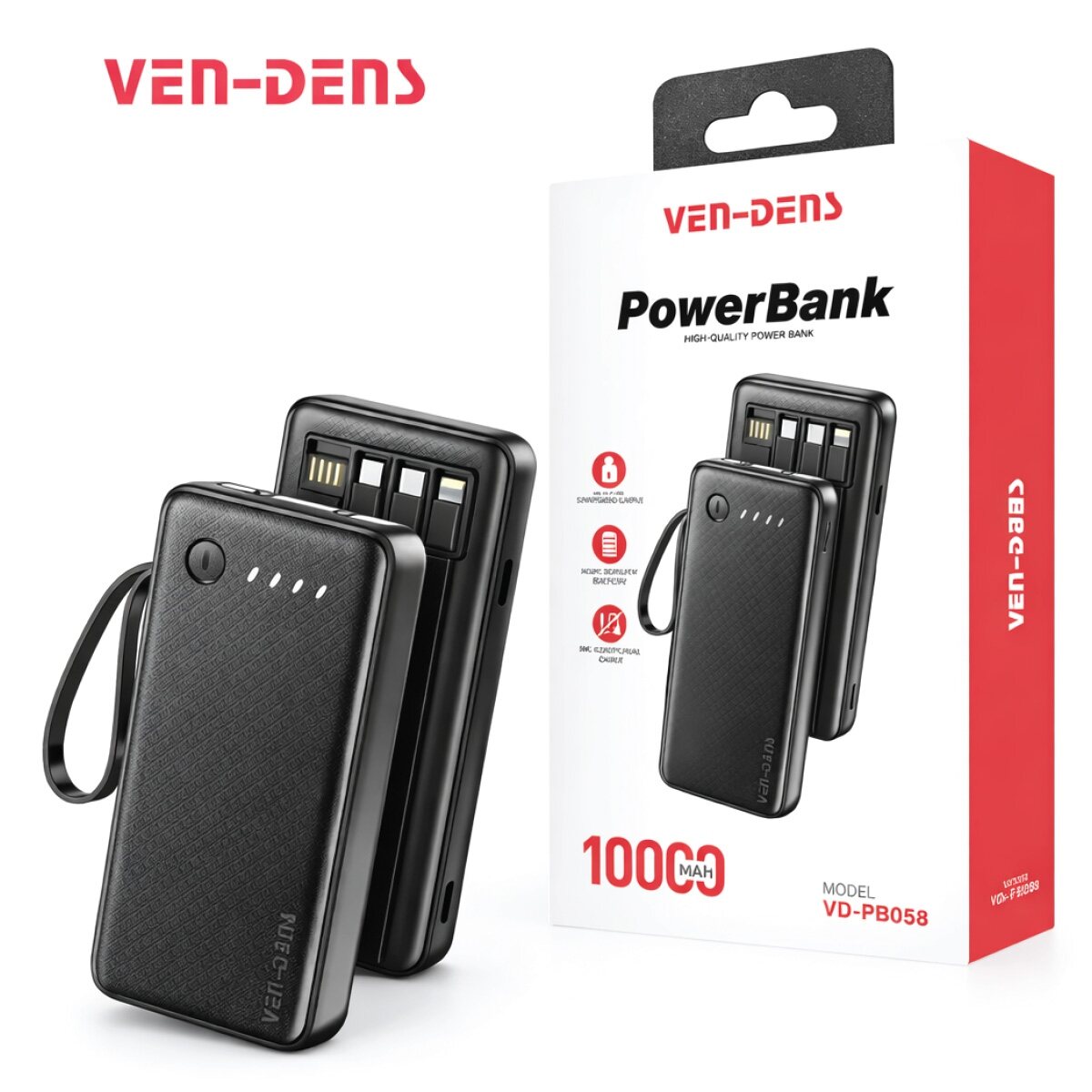 Ven-Dens 10000mAh Power Bank With LED Light (৪ টা কেবল) ভাইরাল ও জনপ্রিয়